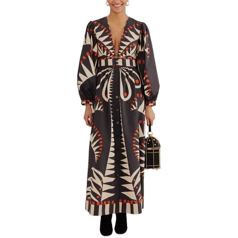 FARM RIO Coconut Grove Black and Cream Geometric Maxi Dress